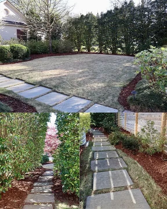 Lush garden with stone pathway, bordered by greenery and mulch for an inviting landscape design.