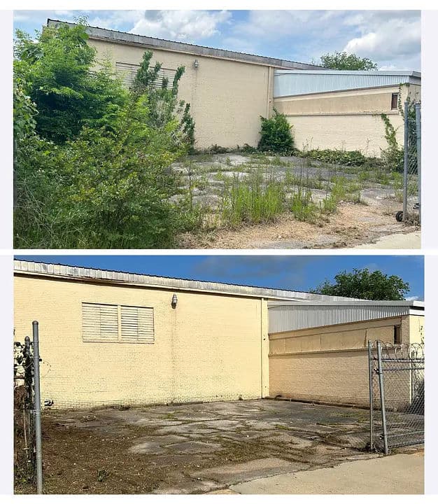 Overgrown vacant lot with a building façade, showing weeds and deteriorating pavement.