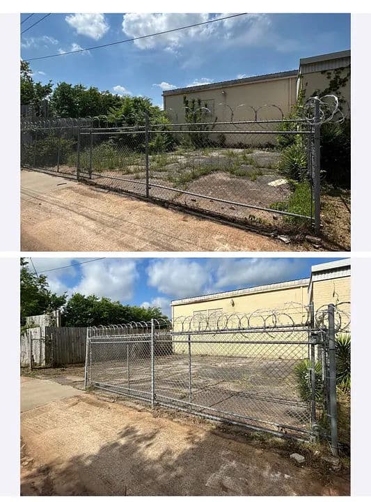 Overgrown lot with chain-link fence and barbed wire, before and after cleanup.