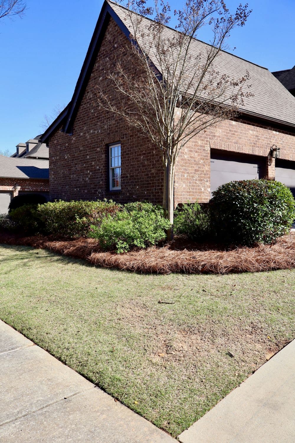 Brick house with manicured lawn, shrubs, and fresh pine straw landscaping under a clear blue sky.