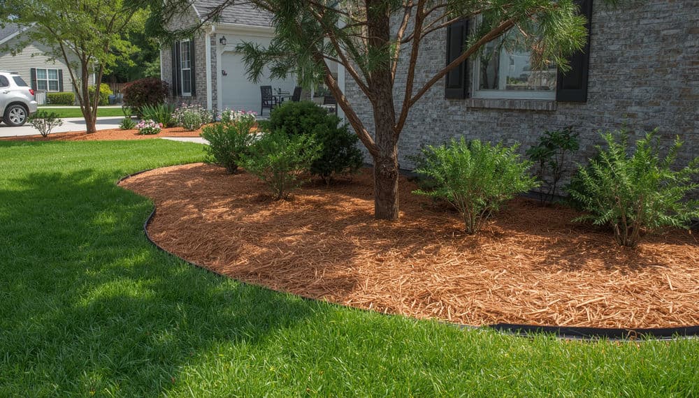 Landscaped front yard with mulch, shrubs, and a tree near a stone house.