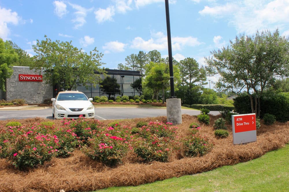 Synovus bank entrance with white car, landscaping, and directional sign for ATM and drive-thru.