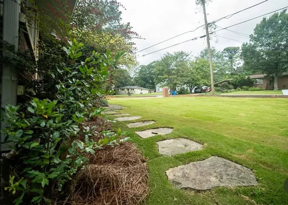 Stepping stones in a grassy yard with trees and a residential area in the background.